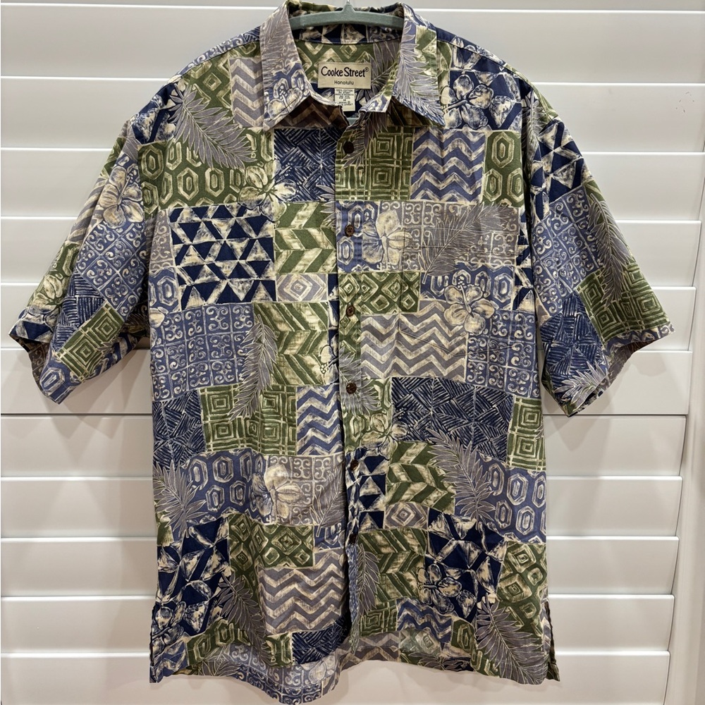 Cooke Street Honolulu Hawaiian Aloha Shirt Blue Green Patchwork Print Size M